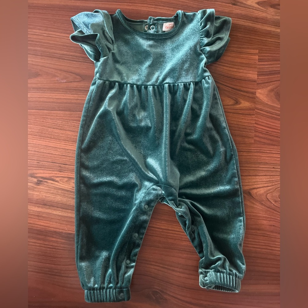Cat & Jack Green Velvet Jumpsuit with Flutter Sleeves